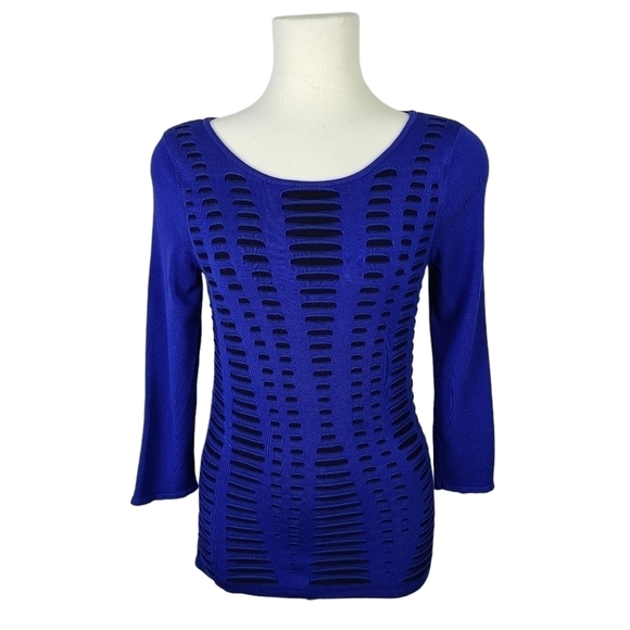 Express Blue Knit 3/4 Sleeve Faux Cut Out Ripped Geometric Knit Sweater Medium - Picture 1 of 16
